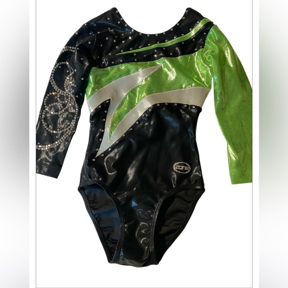 Ozone gymnastics green foil competition 3/4 sleeve custom leotard rhinestone XSA